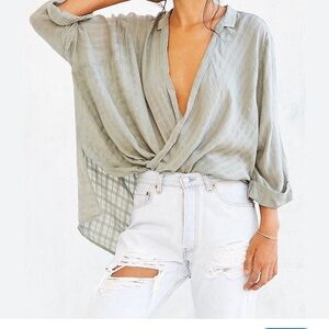 Silence and Noise Urban Outfitters Green Windowpane Surplice Tunic Top
